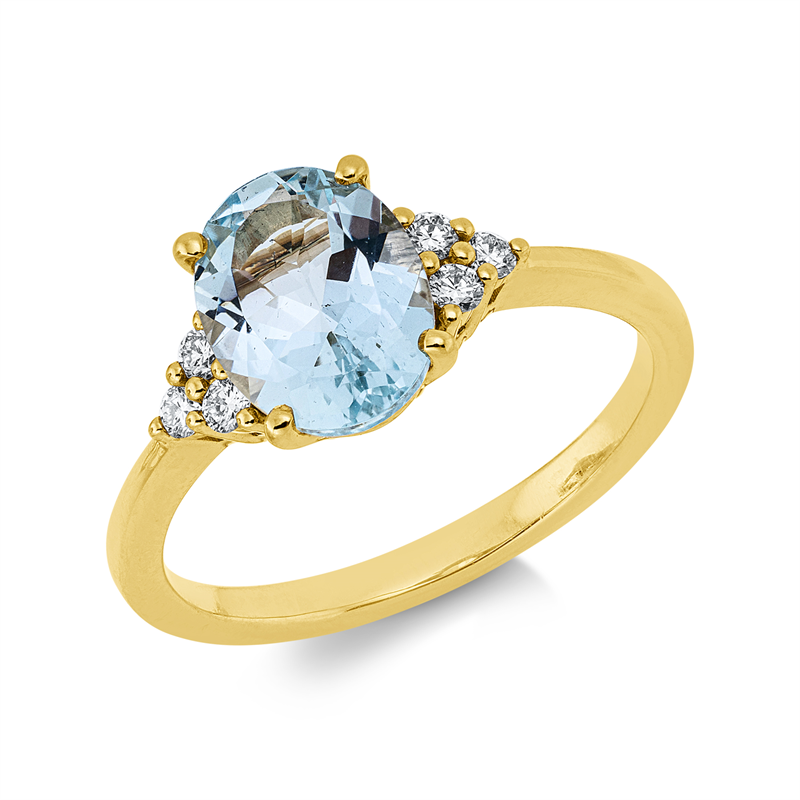Ring 18 kt GG, 6 Brill. 0,13 ct, TW-si, 1 Aquamarin 1,56 ct blau
