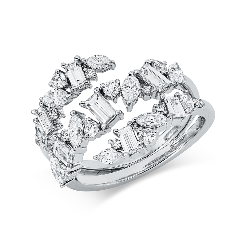 Ring 18 kt WG, 10 Nav. 0,70 ct, TW-si, 7 Bag. 0,64 ct, F-vsi, 14 Brill. 0,27 ct, TW-si