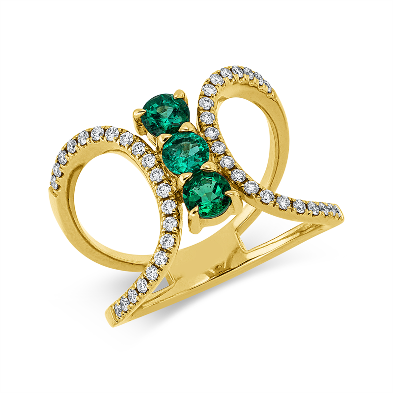 Ring 18 kt GG, 42 Brill. 0,26 ct, TW-si, 3 Smaragde 0,58 ct grün
