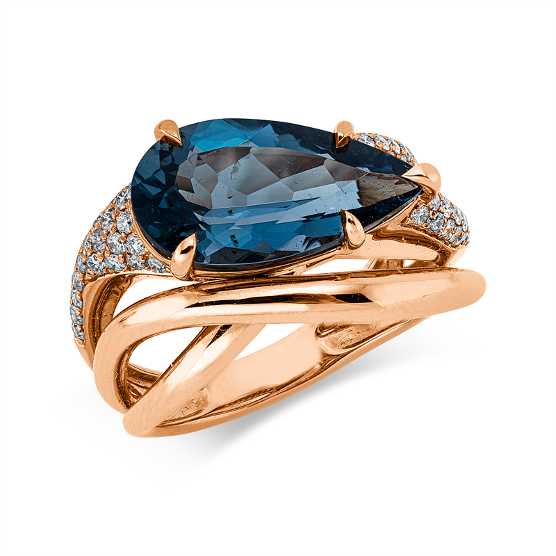 Ring 18 kt RG, 55 Brill. 0,37 ct, TW-si, 1 Topas 4,46 ct Lond. blue