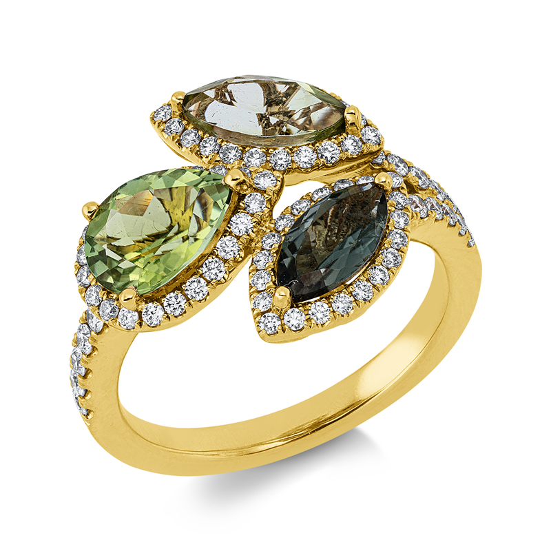 Ring 18 kt GG, 78 Brill. 0,48 ct, TW-si, 3 Turmalin 2,43 ct grün