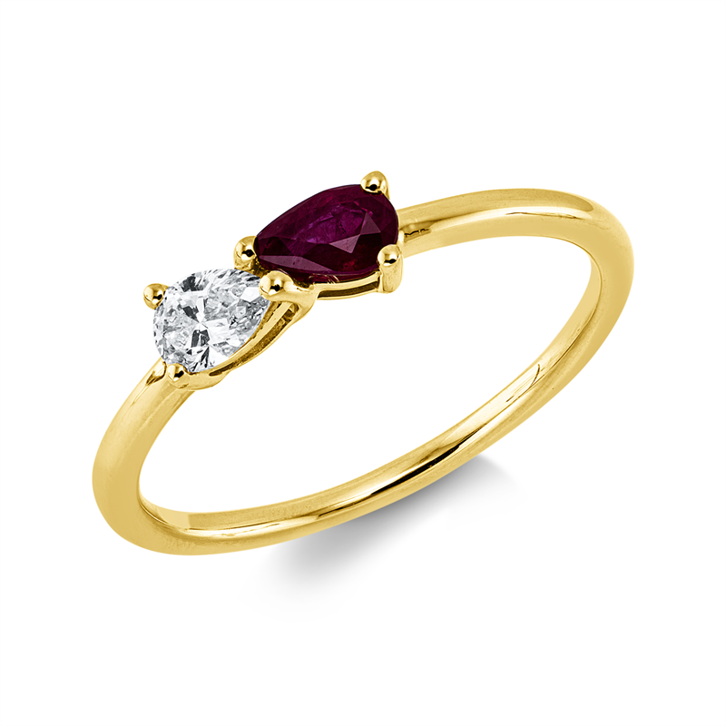 Ring 18 kt GG, 1 Tropfen 0,18 ct, TW-si, 1 Rubin 0,24 ct rot