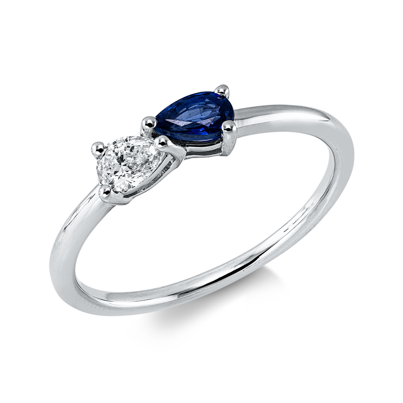 Ring 18 kt WG, 1 Tropfen 0,18 ct, TW-si, 1 Saphir 0,32 ct blau