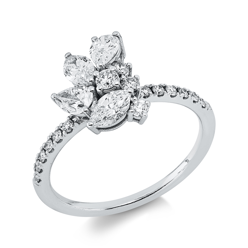 Ring 18 kt WG, 2 Tropfen 0,38 ct, E-vsi/si, 2 Nav. 0,13 ct, E-vsi/si, 16 Brill. 0,24 ct, E-vsi/si