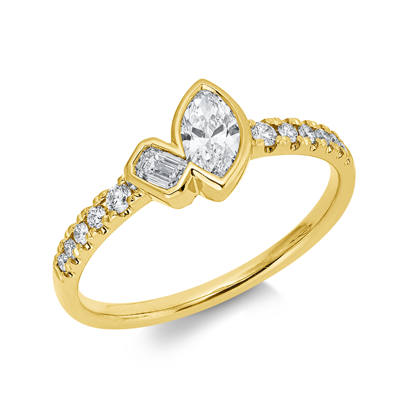 Ring 18 kt GG, 1 Sm.schliff 0,10 ct, TW-si, 1 Nav. 0,30 ct, TW-si, 11 Brill. 0,14 ct, TW-si