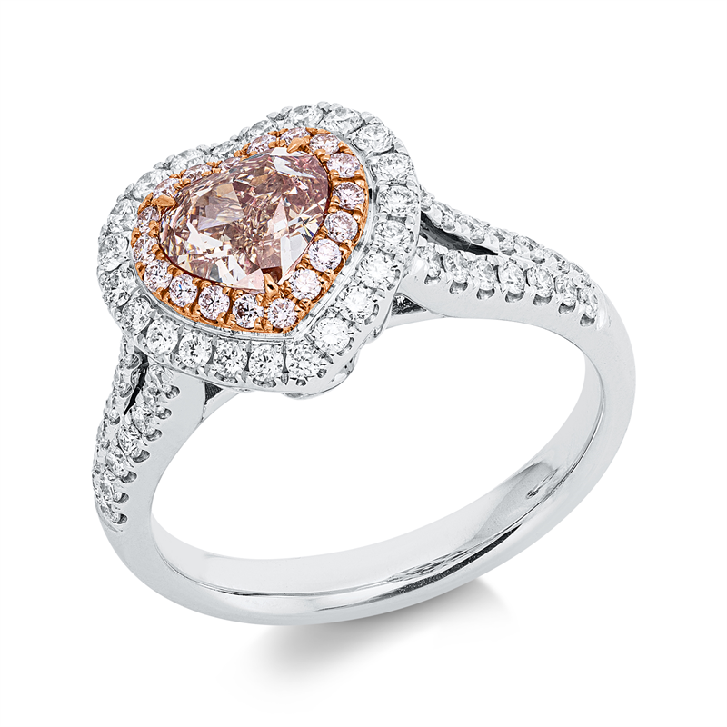 Ring 18 kt WG+RG, 50 Brill. 0,48 ct, TW-si, 1 Herzschl. 0,91 ct, pink, 18 Brill. 0,12 ct, pink