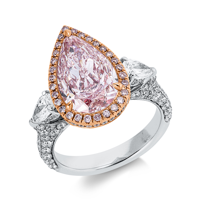 Ring 18kt, GIA 6237085359, 1 Tropfen 4,17 ct, pink-vs2, 153 Brill. 1,55 ct, TW-si, 29 Brill. 0,16 ct, pink