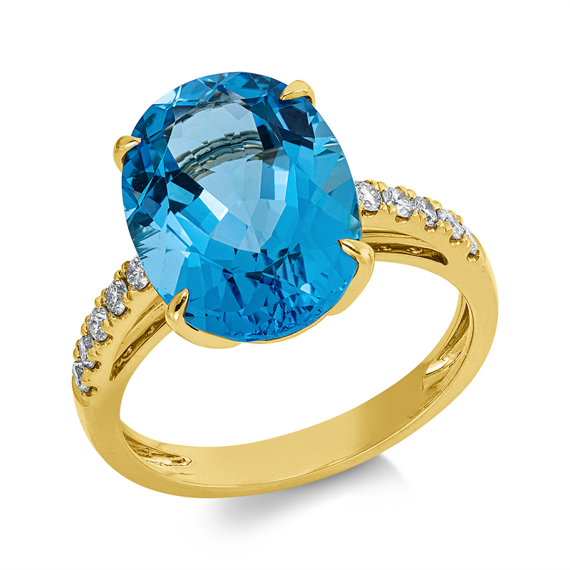 Ring 18 kt GG, 10 Brill. 0,20 ct, TW-si, 1 Topas 8,10 ct blau