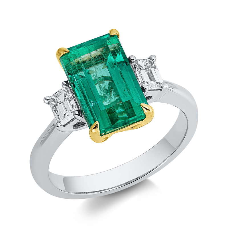 Ring 950 Pt GP, GRS2026-030511, 2 Sm.schliff 0,47 ct, TW-si, 1 Smaragd 3,88 ct grün