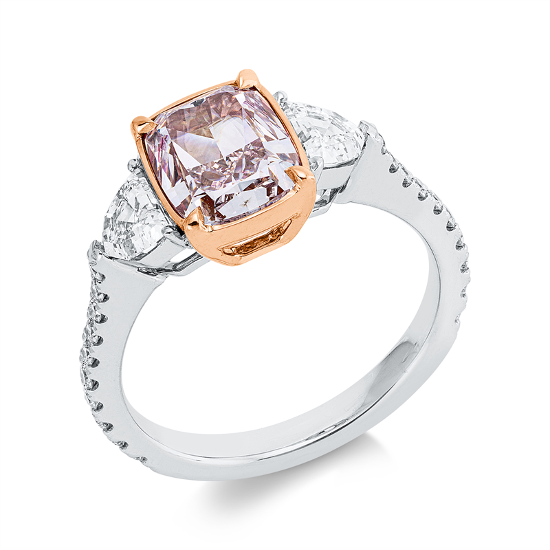 Ring 18kt, GIA6237956118,2 Fant-Schl0,61 ct,TW-si,1 Cushion2,01ct, pink-vs2, 20 Brill.0,24 ct, TW-si
