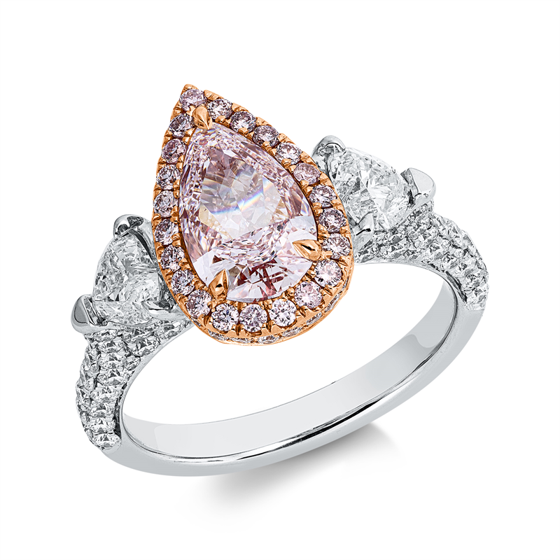 Ring 18 kt W/R, GIA,2 Herz. 0,61 ct, 124 Br. 0,91 ct, TW-si, 1 Tr 1,51 ct, pink-vs1, 22 Br. 0,18 ct, pink