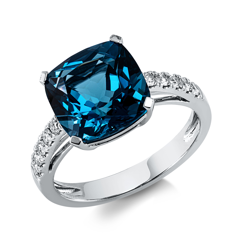Ring 18 kt WG, 10 Brill. 0,23 ct, TW-si, 1 Topas 6,20 ct Lond. blue