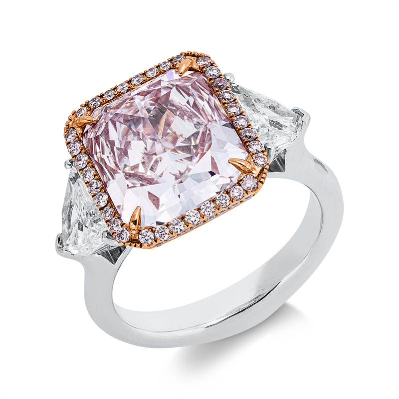 Ring 18 kt,GIA6237817976, 1 Radiant 6,08ct, pink-vs1,18 Fant-Schl 1,28ct, TW-si, 96 Brill.0,60ct, pink