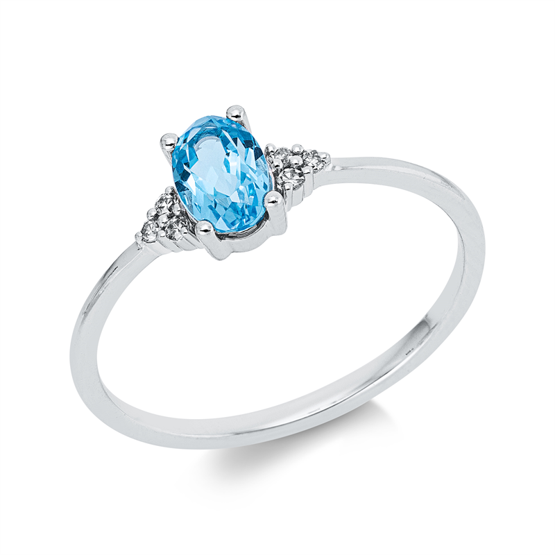 Ring 18 kt WG, 6 Brill. 0,04 ct, TW-si, 1 Topas 0,58 ct blau