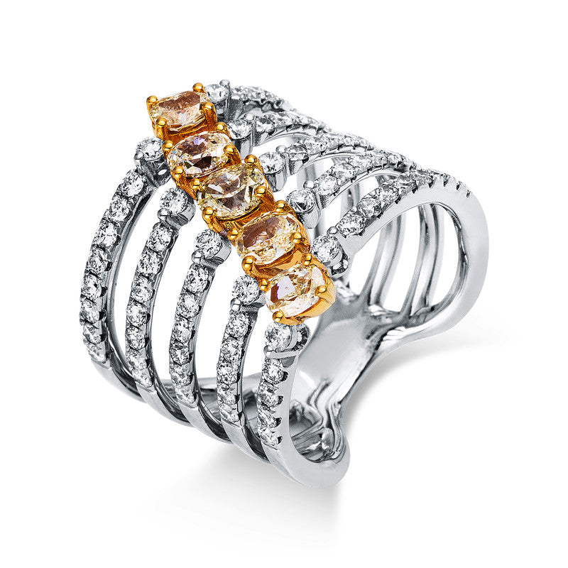 Ring 18 kt WG+GG, 70 Brill. 1,14 ct, TW-si, 5 Dia. 1,12 ct, gelb