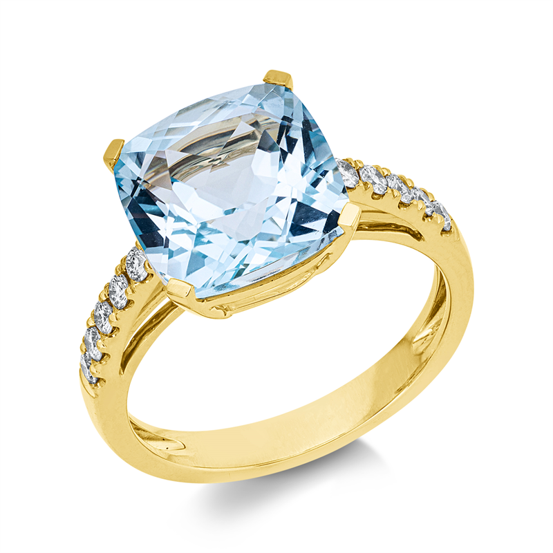 Ring 18 kt GG, 10 Brill. 0,23 ct, TW-si, 1 Topas 6,20 ct sky blue
