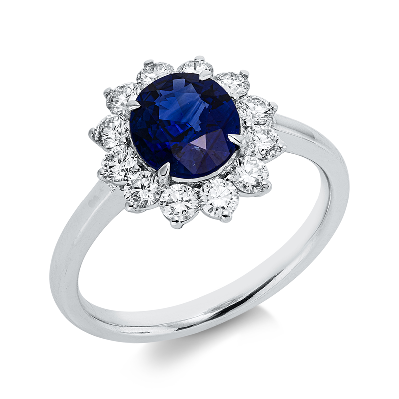 Ring 18 kt WG, 12 Brill. 0,66 ct, TW-si, 1 Saphir 1,48 ct blau