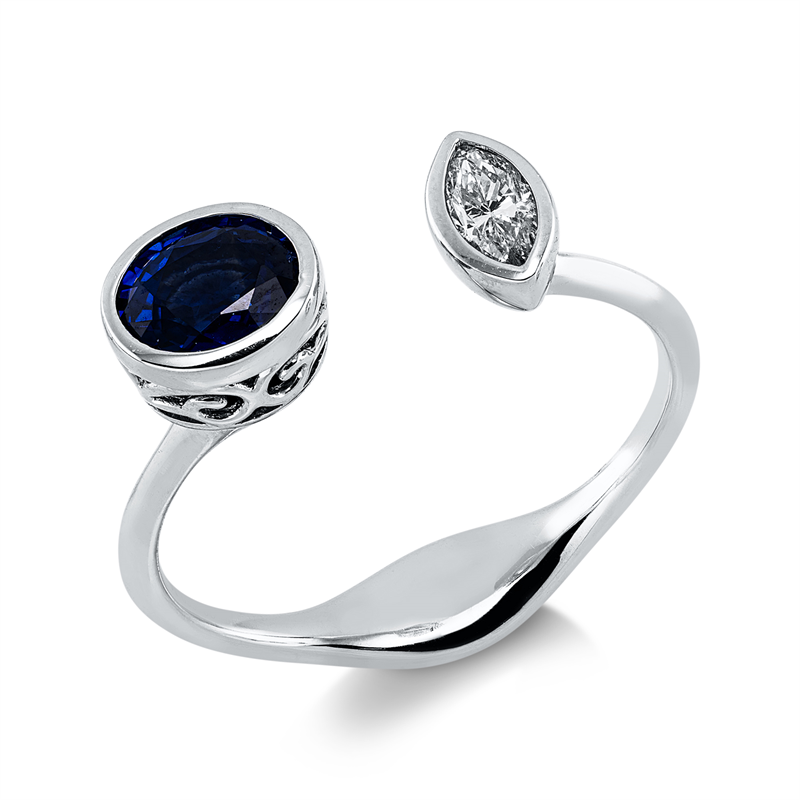 Ring 18 kt WG, 1 Nav. 0,20 ct, TW-si, 1 Saphir 0,66 ct blau