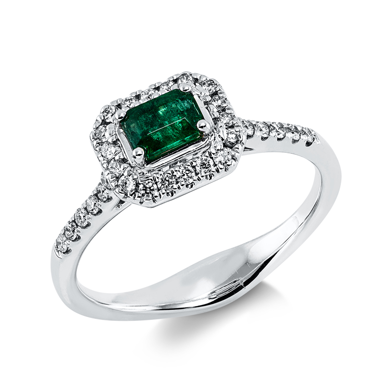 Ring 18 kt WG, 32 Brill. 0,22 ct, I-vsi/si, 1 Smaragd 0,33 ct grün