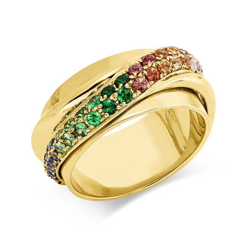 Ring 18 kt GG, 6 Brill. 0,12 ct, TW-vsi/si, 48 Saphire 1,04 ct multicolor