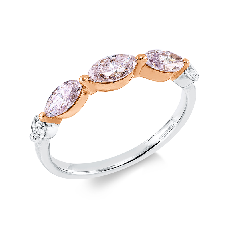 Ring 18 kt WG+RG, 2 Brill. 0,19 ct, TW-si, 3 Nav. 0,88 ct, pink