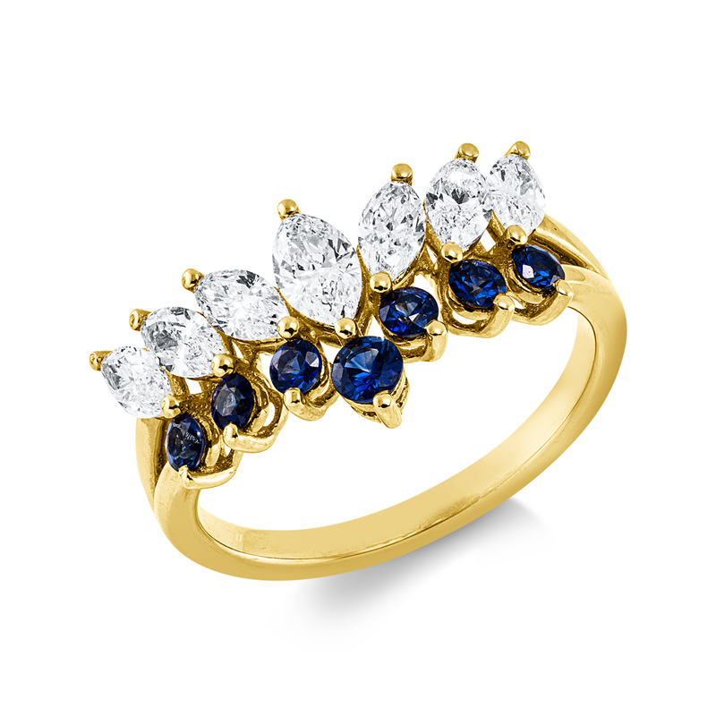 Ring 18 kt GG, 7 Nav. 0,98 ct, TW-si, 7 Saphire 0,42 ct blau