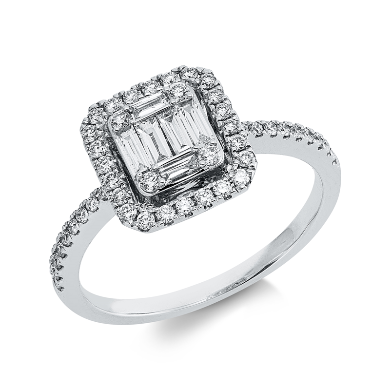 Ring 18 kt WG, 2 Bag. 0,04 ct, TW-si, 4 Bag. 0,13 ct, TW-si, 46 Brill. 0,30 ct, TW-si