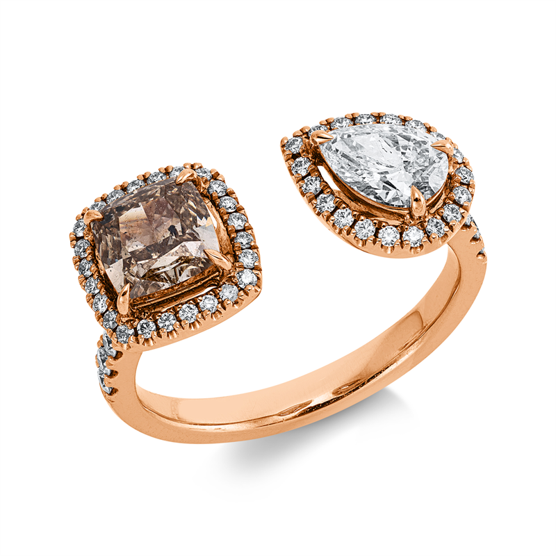 Ring 18 kt RG, GIA 5156589600, 1 Tropfen 0,45 ct, TW-si, 53 Brill. 0,30 ct, TW-si, 1 Cushion 1,07 ct, braun-i1