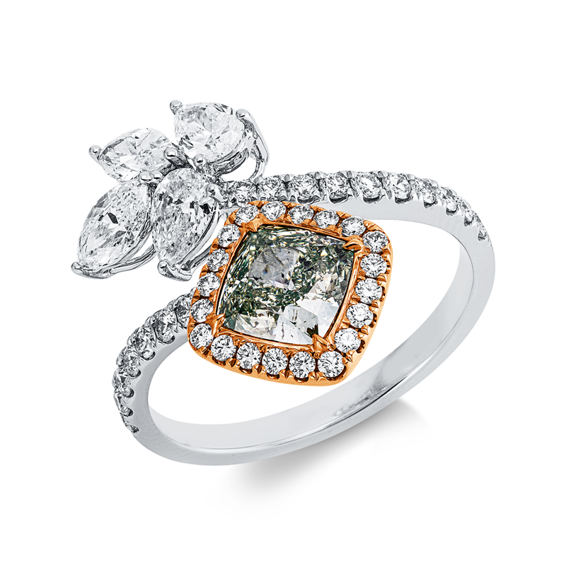 18 kt WG+RG,GIA,2Nav.0,36ct,F-vsi/si, 2Tropfen0,38ct,F-vsi/si, 38Brill.0,40ct,F-vvs, 1Cushion1,09ct,grün-si2