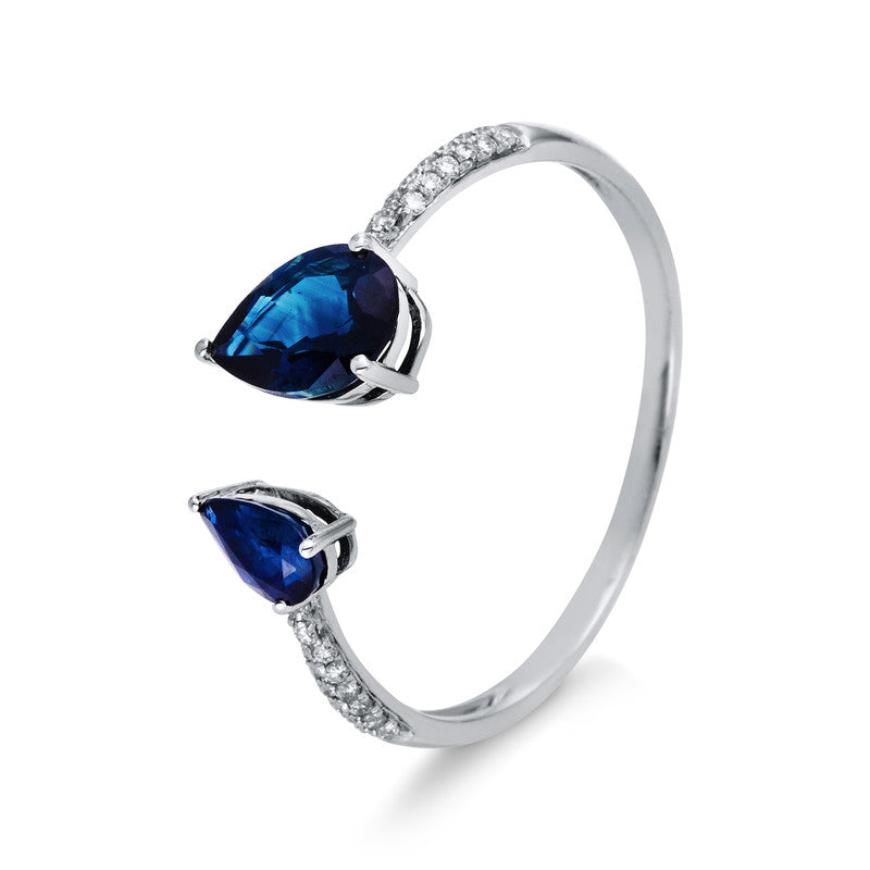 Ring 14 kt WG, 28 Brill. 0,06 ct, TW-si, 1 Saphir 0,74 ct blau, 1 Saphir 0,25 ct blau