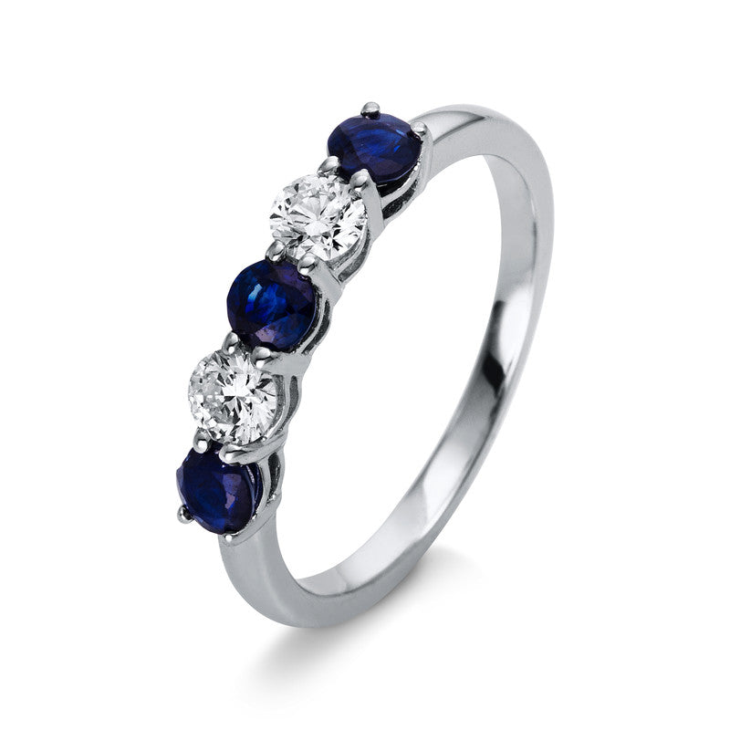 Ring 18 kt WG, 2 Brill. 0,34 ct, TW-si, 3 Saphire 0,68 ct blau