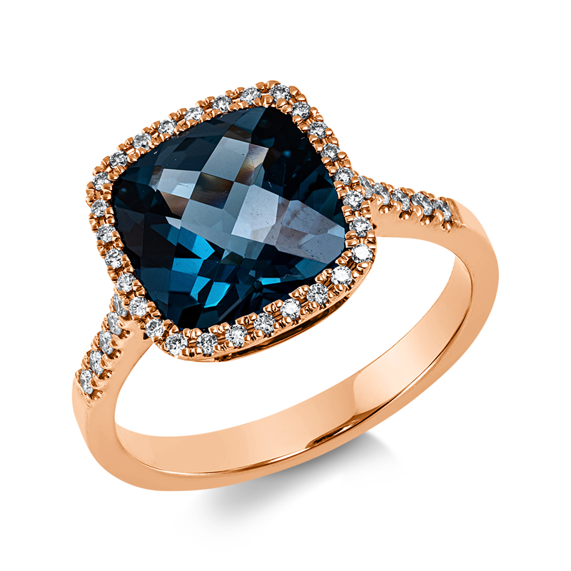 Ring 18 kt RG, 40 Brill. 0,21 ct, TW-si, 1 Topas 3,70 ct Lond. blue