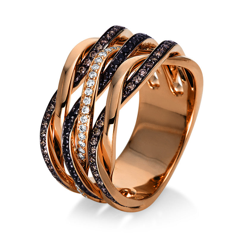 Ring 18 kt RG, teils schwarz rhodiniert, 40 Brill. 0,21 ct, TW-si, 38 Brill. 0,20 ct, schwarz, 74 Brill. 0,38 ct, braun