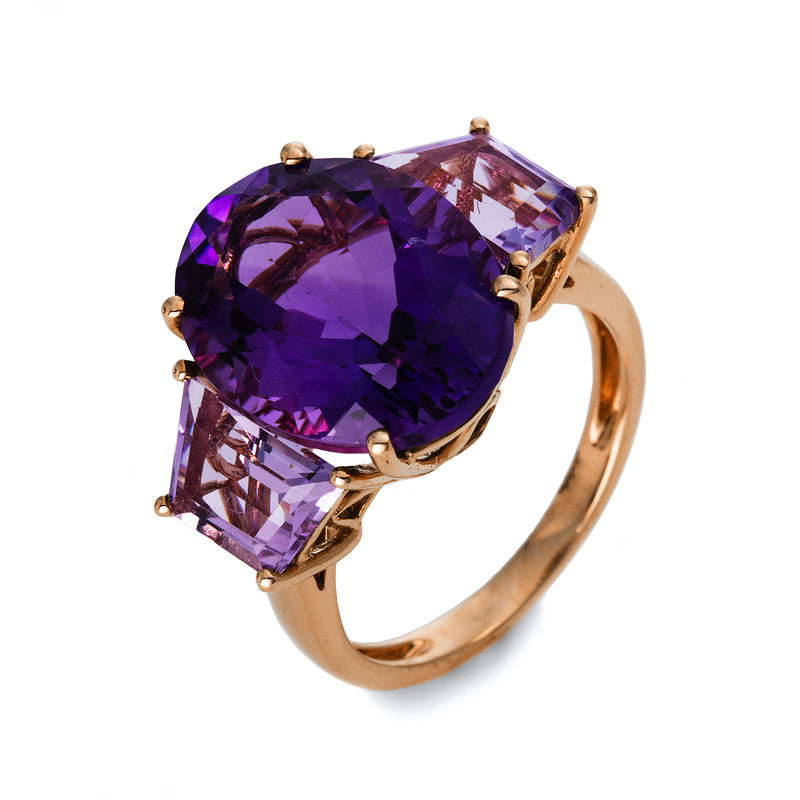 Ring 18 kt RG, 1 Amethyst 9,25 ct lila, 2 Amethyste 2,50 ct pink