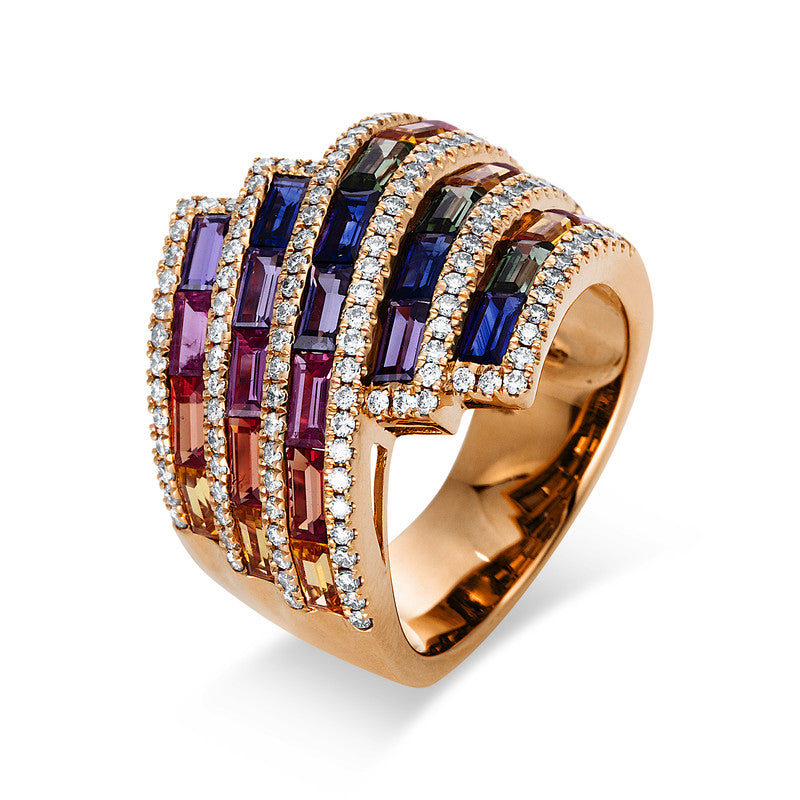 Ring 18 kt RG, 124 Brill. 0,58 ct, TW-si, 26 Saphire 3,31 ct fancy
