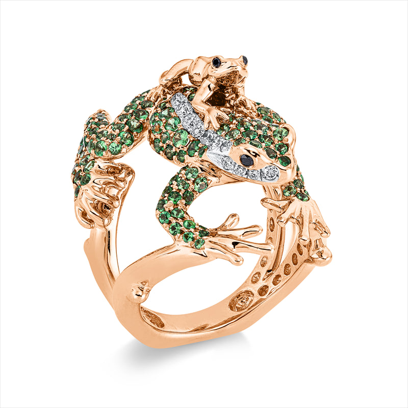 Ring 18 kt RG+WG, 25 Brill. 0,33 ct, TW-vsi, 4 Brill. 0,03 ct, schwarz, 190 Tsavorith 2,78 ct grün