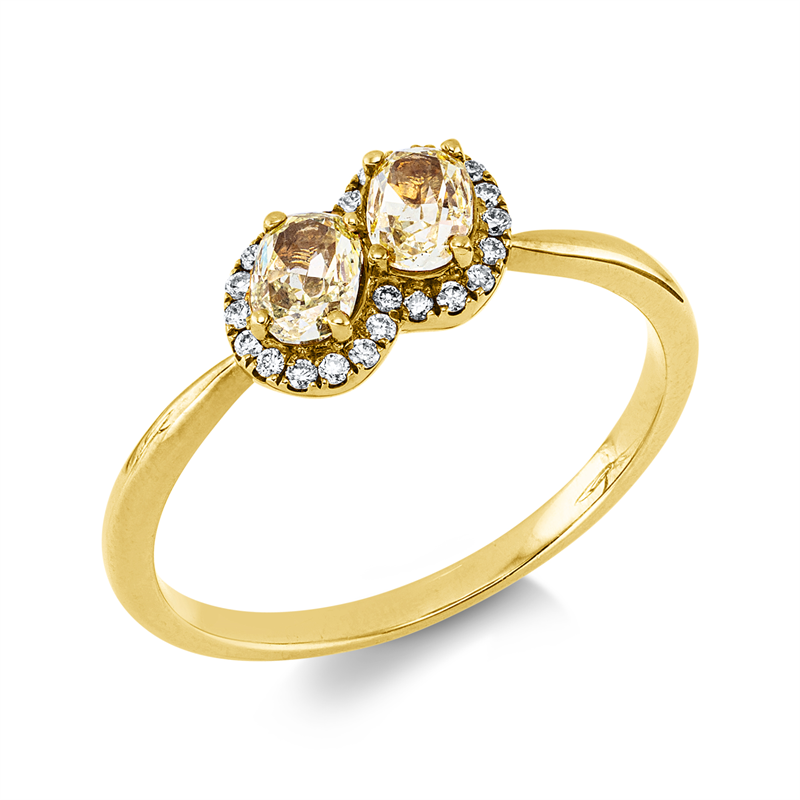 Ring 18 kt GG, 24 Brill. 0,09 ct, TW-si, 2 Oval 0,51 ct, gelb