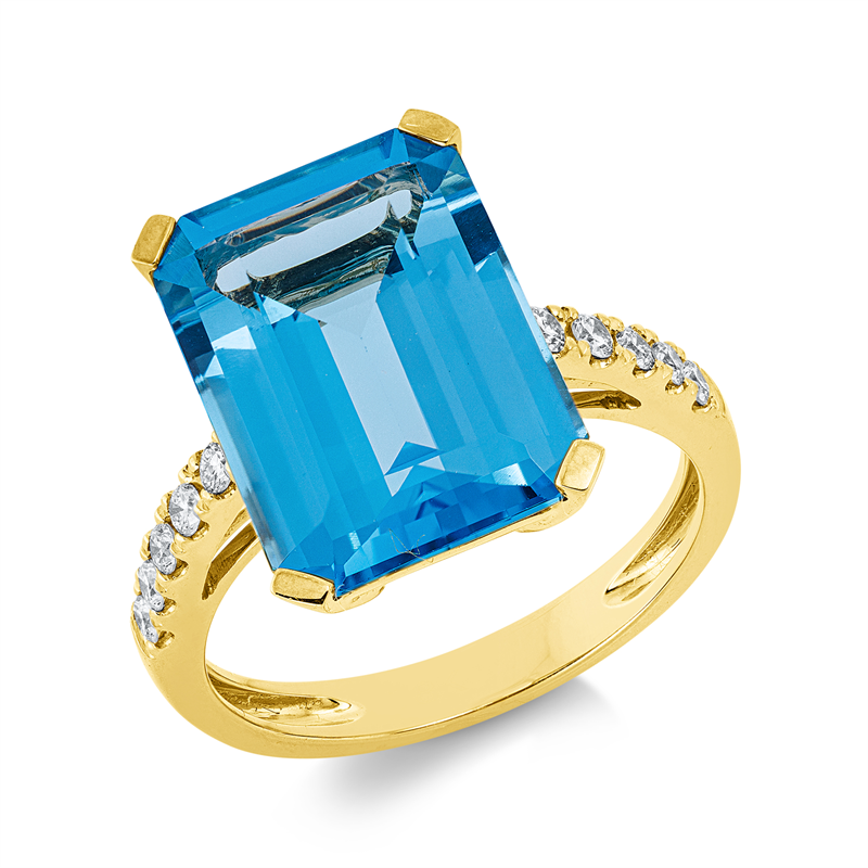 Ring 18 kt GG, 10 Brill. 0,23 ct, TW-si, 1 Topas 10,00 ct blau