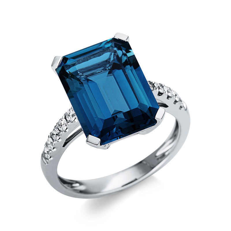 Ring 18 kt WG, 10 Brill. 0,23 ct, TW-si, 1 Topas 10,00 ct blau