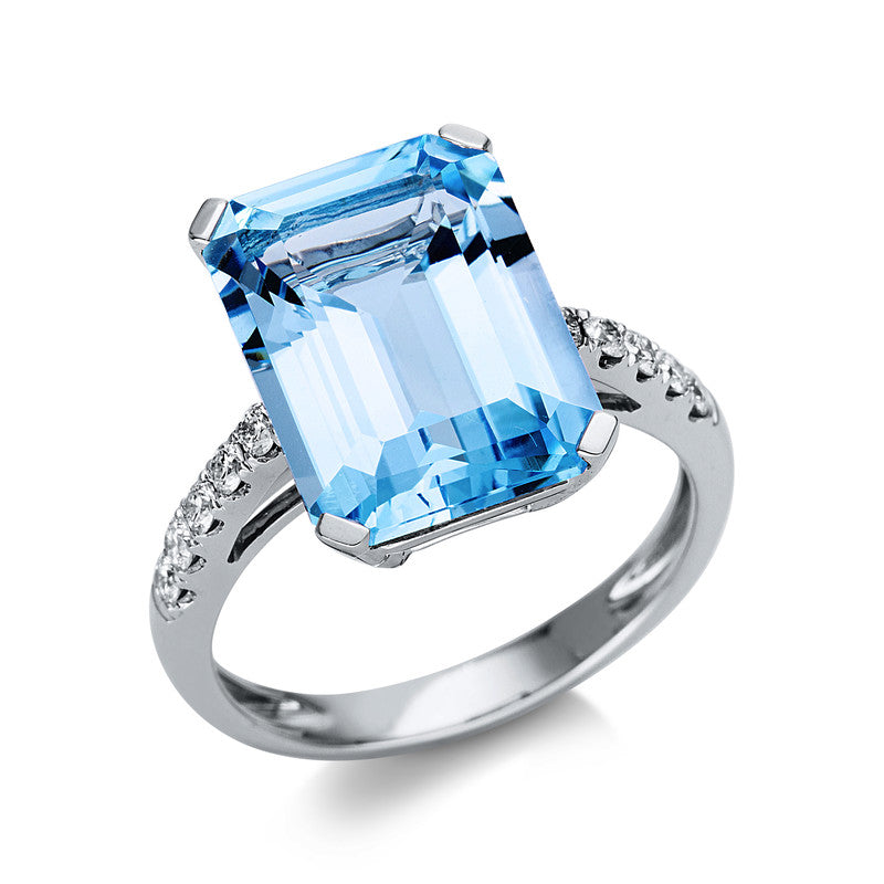 Ring 18 kt WG, 10 Brill. 0,23 ct, TW-si, 1 Topas 10,00 ct sky blue