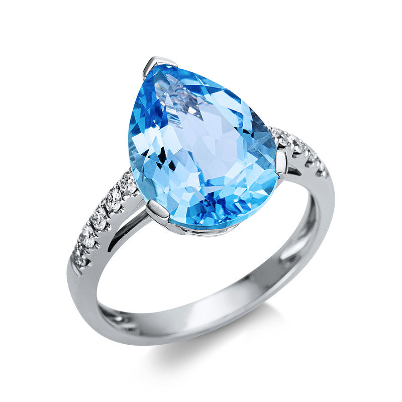 Ring 18 kt WG, 10 Brill. 0,23 ct, TW-si, 1 Topas 6,70 ct sky blue