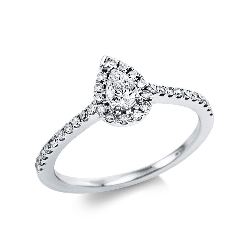 Ring 14 kt WG, 1 Tropfen 0,20 ct, TW-si, 33 Dia. 0,24 ct, TW-si