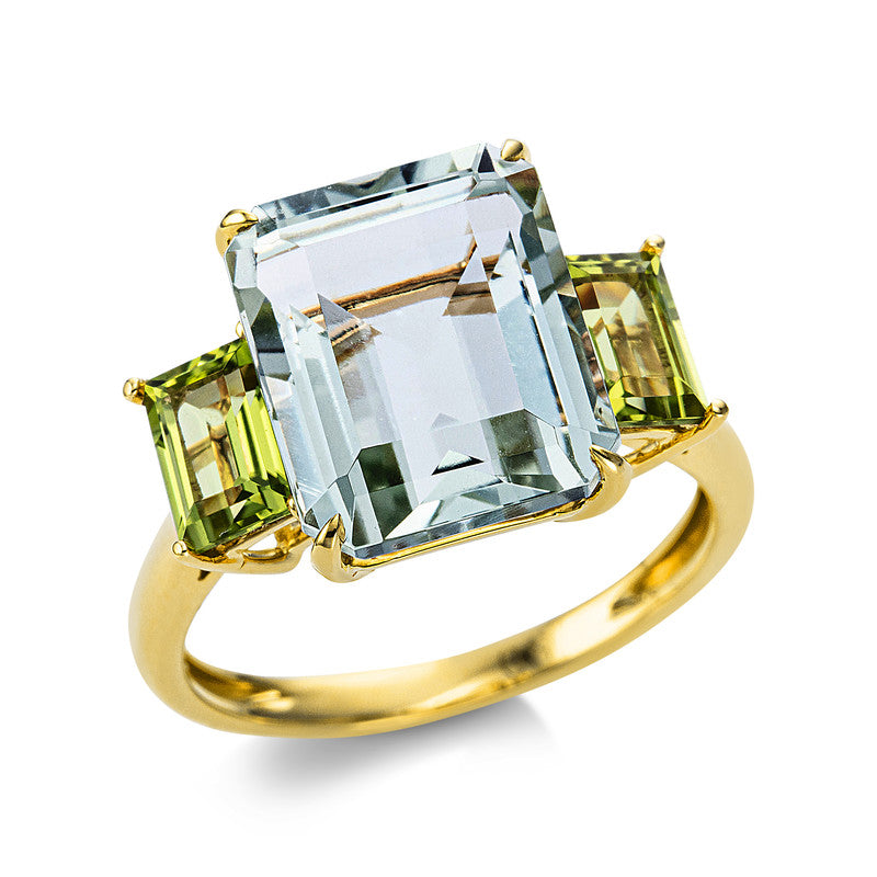 Ring 18 kt GG, 2 Peridot 1,20 ct grün, 1 Amethyst 5,80 ct grün