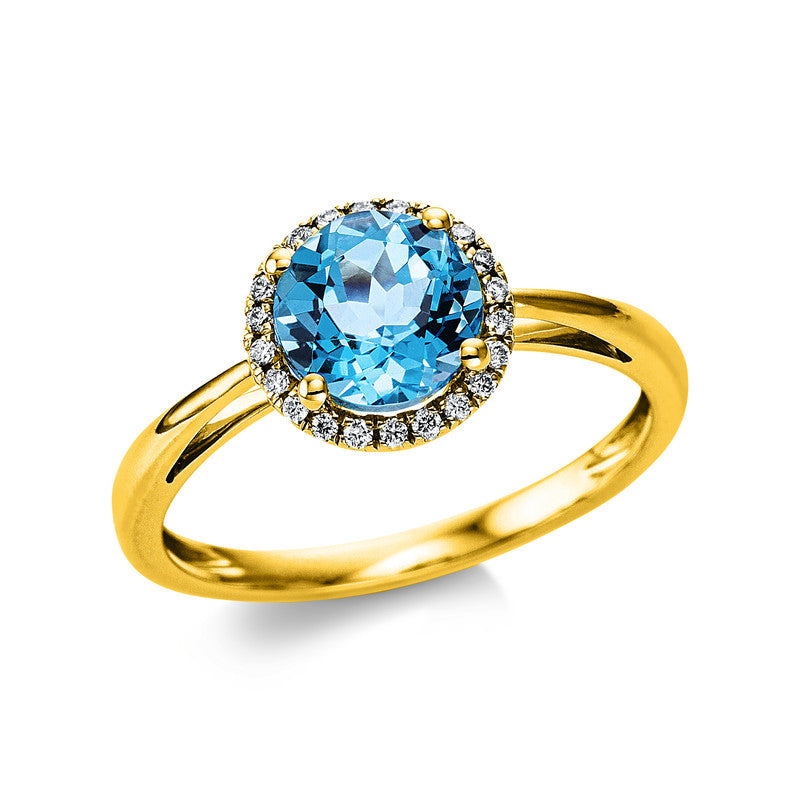 Ring 18 kt GG, 22 Brill. 0,10 ct, TW-si, 1 Topas 1,70 ct blau