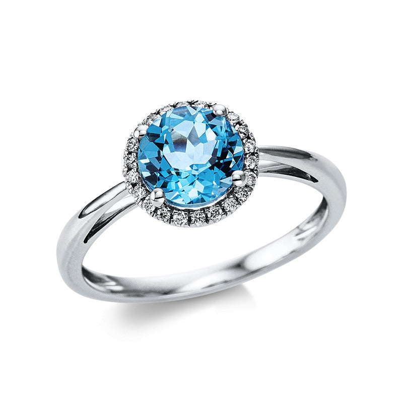 Ring 18 kt WG, 22 Brill. 0,10 ct, TW-si, 1 Topas 1,40 ct blau