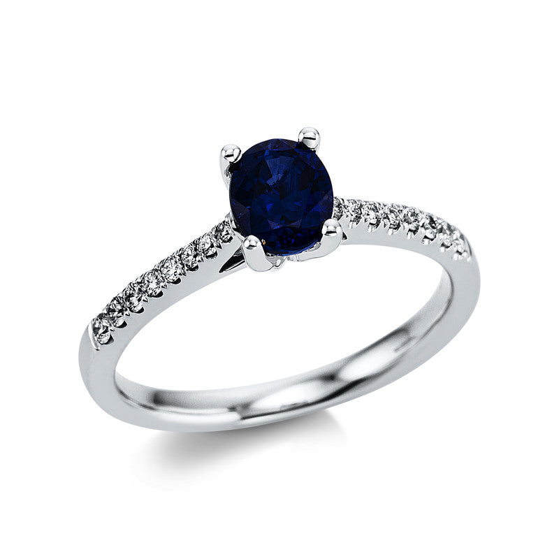Ring 18 kt WG, 16 Brill. 0,17 ct, TW-vsi, 1 Saphir 0,95 ct blau