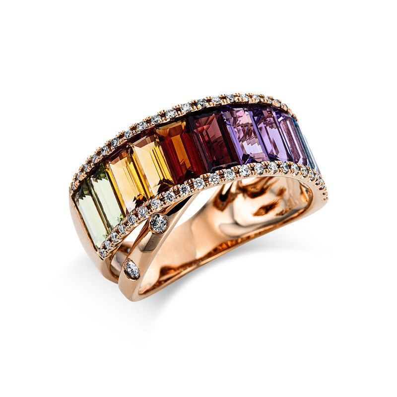 Ring 18 kt RG, 50 Brill. 0,19 ct, TW-si, 11 Farbsteine 3,80 ct multicolor