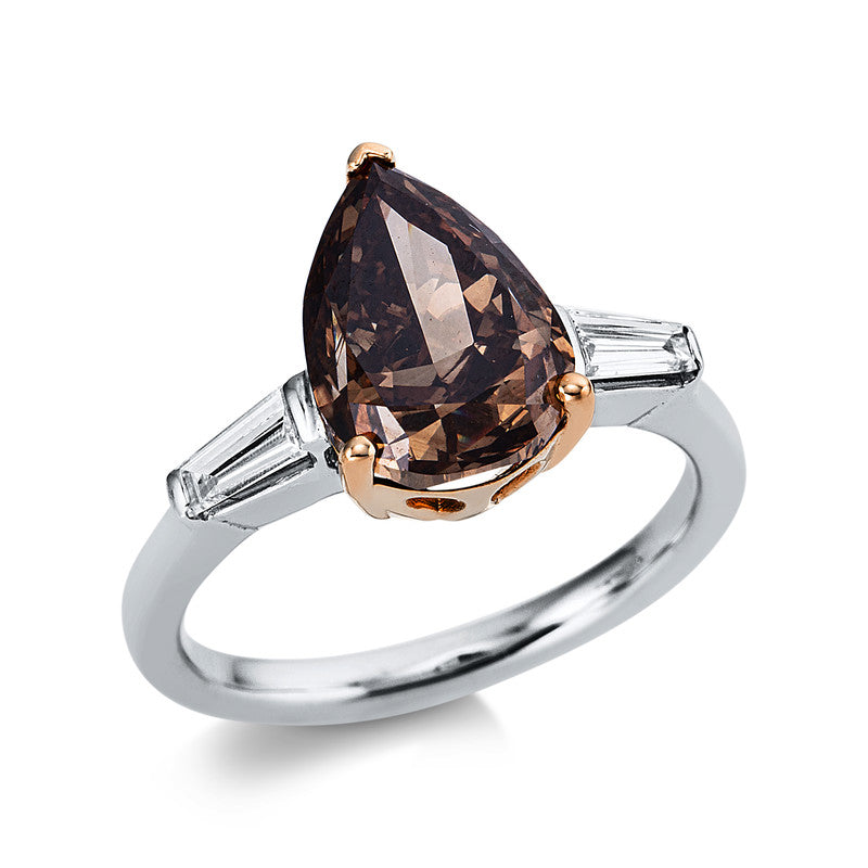 Ring 18 kt WG+GG, 2 Bag. 0,29 ct, TW-si, 1 Tropfen 4,02 ct, braun