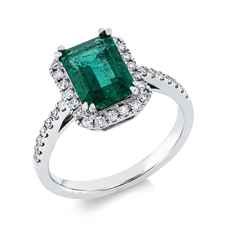Ring 18 kt WG, 36 Brill. 0,32 ct, TW-si, 1 Smaragd 2,06 ct grün