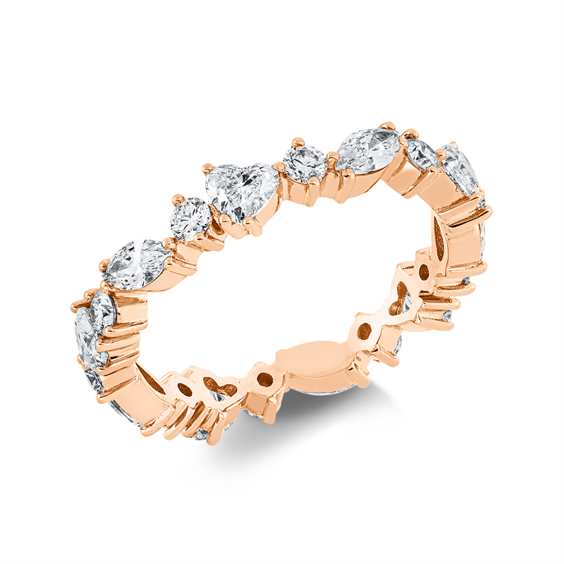 Ring 18 kt RG, 5 Herzschl. 0,76 ct, F-si, 10 Brill. 0,43 ct, TW-si, 5 Nav. 0,57 ct, F-si